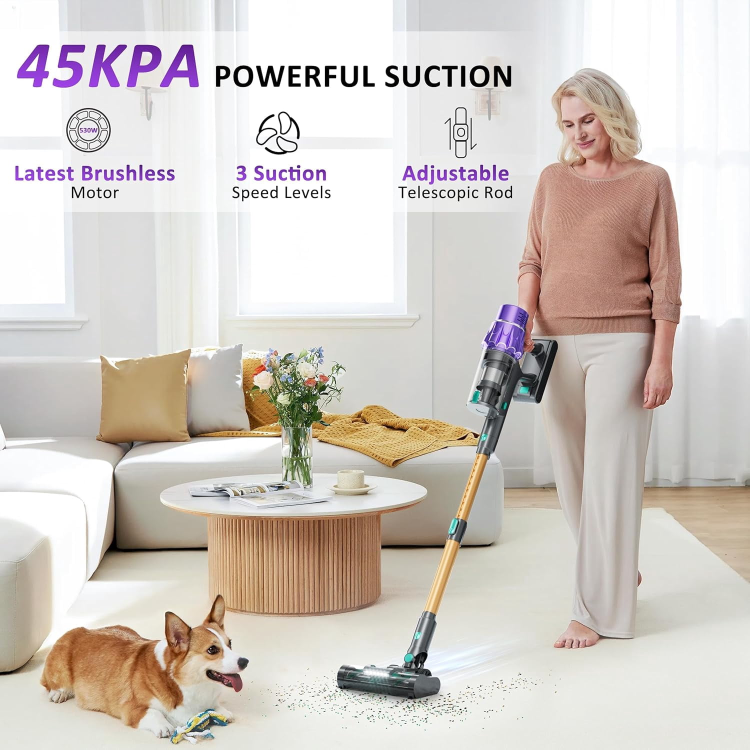 Cordless Vacuum Cleaner, Vacuum Cleaners for Home 560W 45Kpa Powerful Suction with LED Touch Display, Rechargeable Stick Vacuum, Self-Standing Vacuum, Handheld Vacuum for Carpet, Hard Floors, Pet Hai