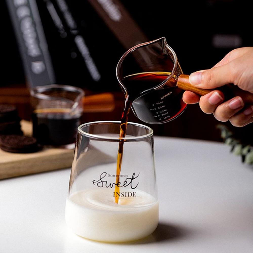 Glass Milk Cup Jug with Wood Handle, 50ml/100ml Milk and Cream Pitcher, Shot Glasses Espresso Parts Heat Resistant Glass Creamer for Coffee Tea or