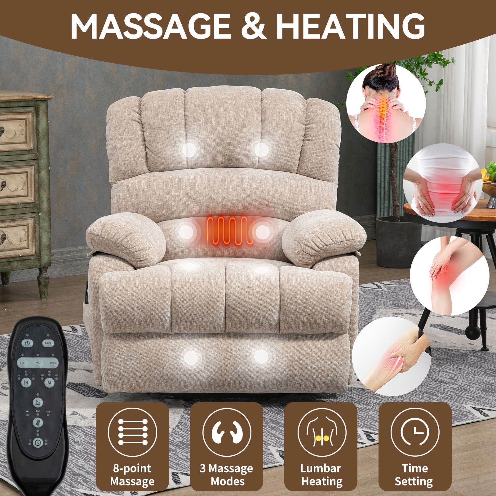 MAYEERTY Oversized Power Lift Recliner Chair, Chenille Electric Lift Chair with 8-Point Vibration Massage & Lumbar Heat, USB Port, for Living Room Elderly