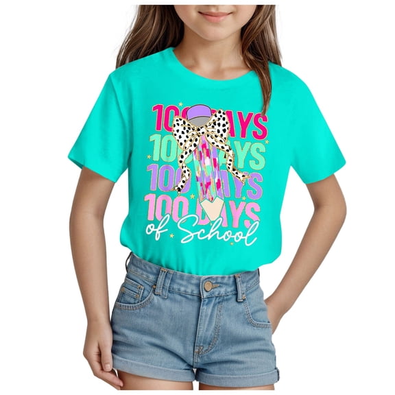 Tkrady Toddler Girls New Letters Printed Round Neck Short Sleeve T Shirt Tops School Times Clothes, Sizes 1-14 Years