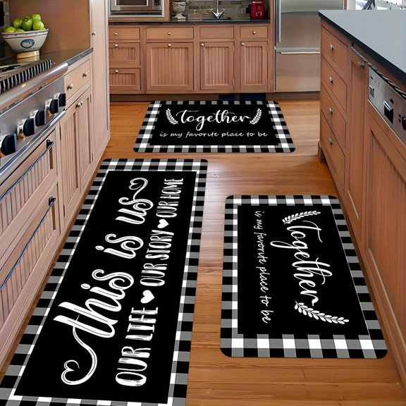Flannel Floor Mat Set 2/3pcs, Plaid Border with English Letters, Kitchen Hallway Rug, Non-Slip Carpet for Bedroom Laundry Room, Country Style Home Decor