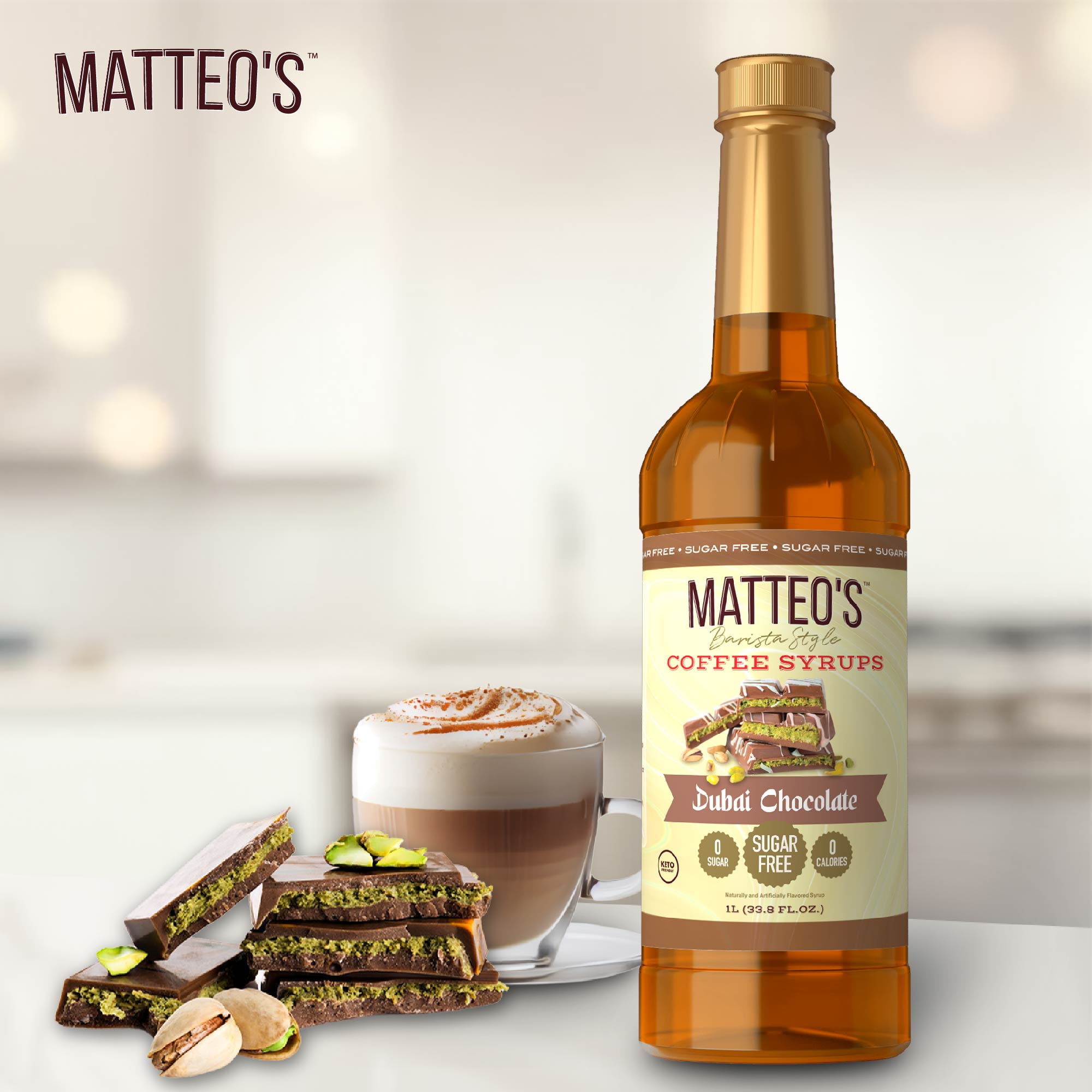Matteo's Barista Style Sugar-Free Dubai Chocolate Coffee Syrup, 6-Pack, 33.8 Oz