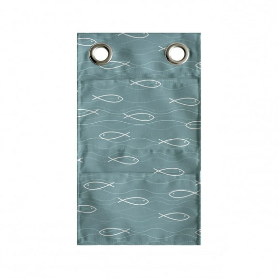 Wave Hanging Pocket Organizer, Abstract Pattern in Calm Colors and Fish Sketches Nautical Sea Animals Doodle, Printed Polyester Storage Bag with Pockets, 9" x 27", White and Pale Teal