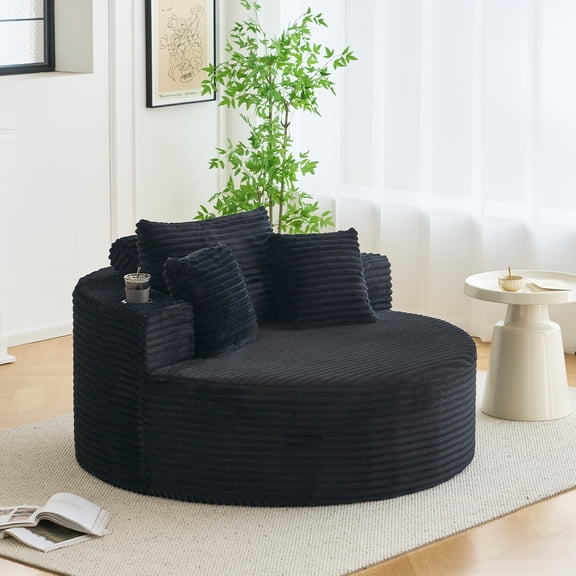 Oversized 55" Round Corduroy Chaise Lounge Sofa – Deep Seat Circle Couch with Cup Holders, No Assembly Required, Comfy Cloud Sleeper – Black