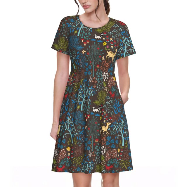 Disketp Deers In The Forest 1 para Vestido de Manga Corta para Mujeres, Vestidos de Verano para Mujeres, Casual y Holgado para la Playa