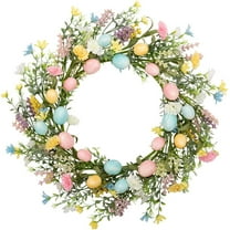 Easter Egg Wreath with Artificial Flowers, 18-Inch Spring Decoration for Front Door, Colorful Pastel Floral Design