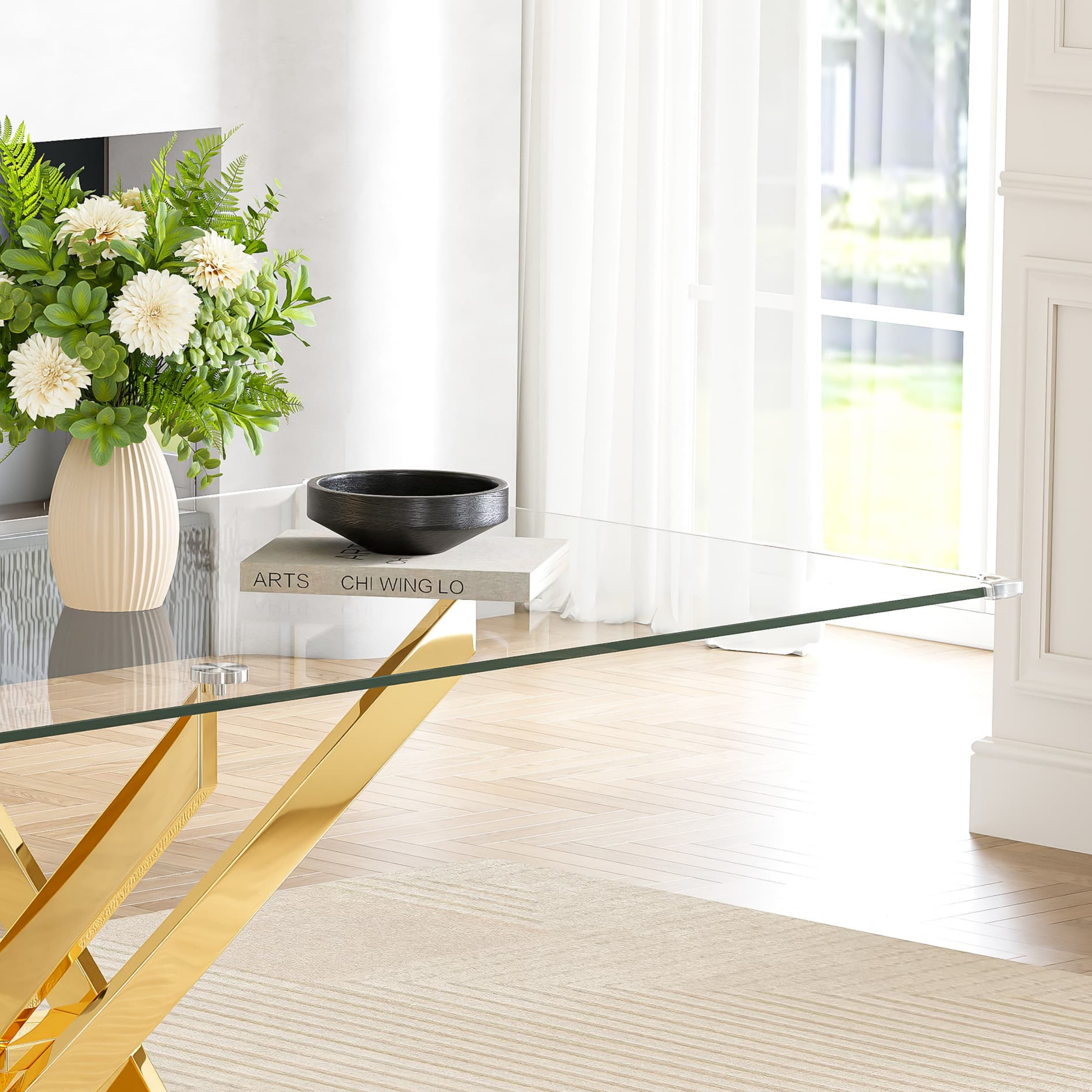 63" Rectangular Glass Dining Table, Modern Clear Tempered Glass Top with Gold Stainless Steel Cross-Legged Base, for Kitchen, Apartment, Living Room