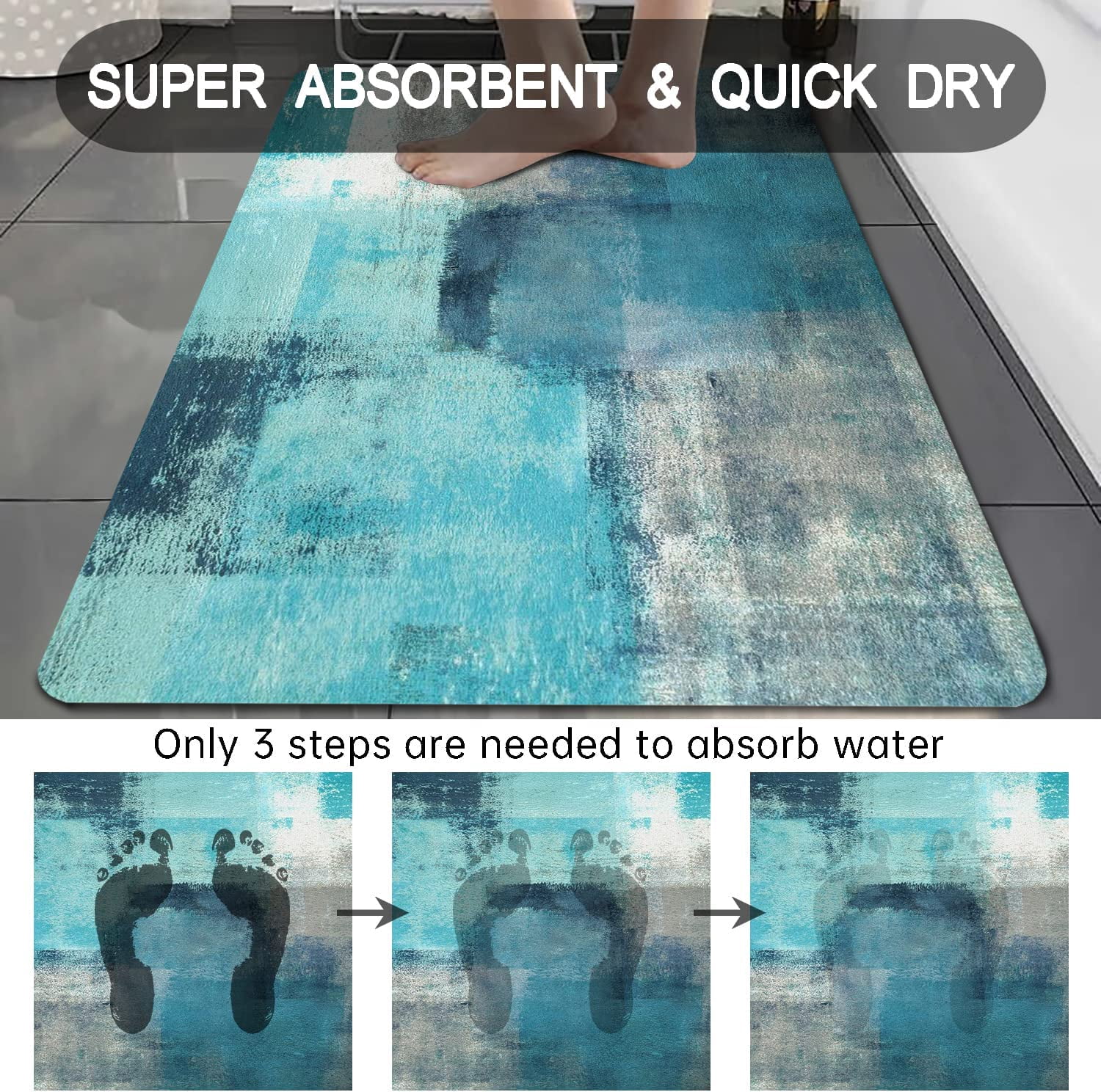Teal Thin Bathroom Rugs Fit Under Door 20"x32" Quick Dry Super Water Absorbent Bath Mat Rubber Backed Abstract Art Painting Bath Rugs Mats for Bathroom Non Slip Washable