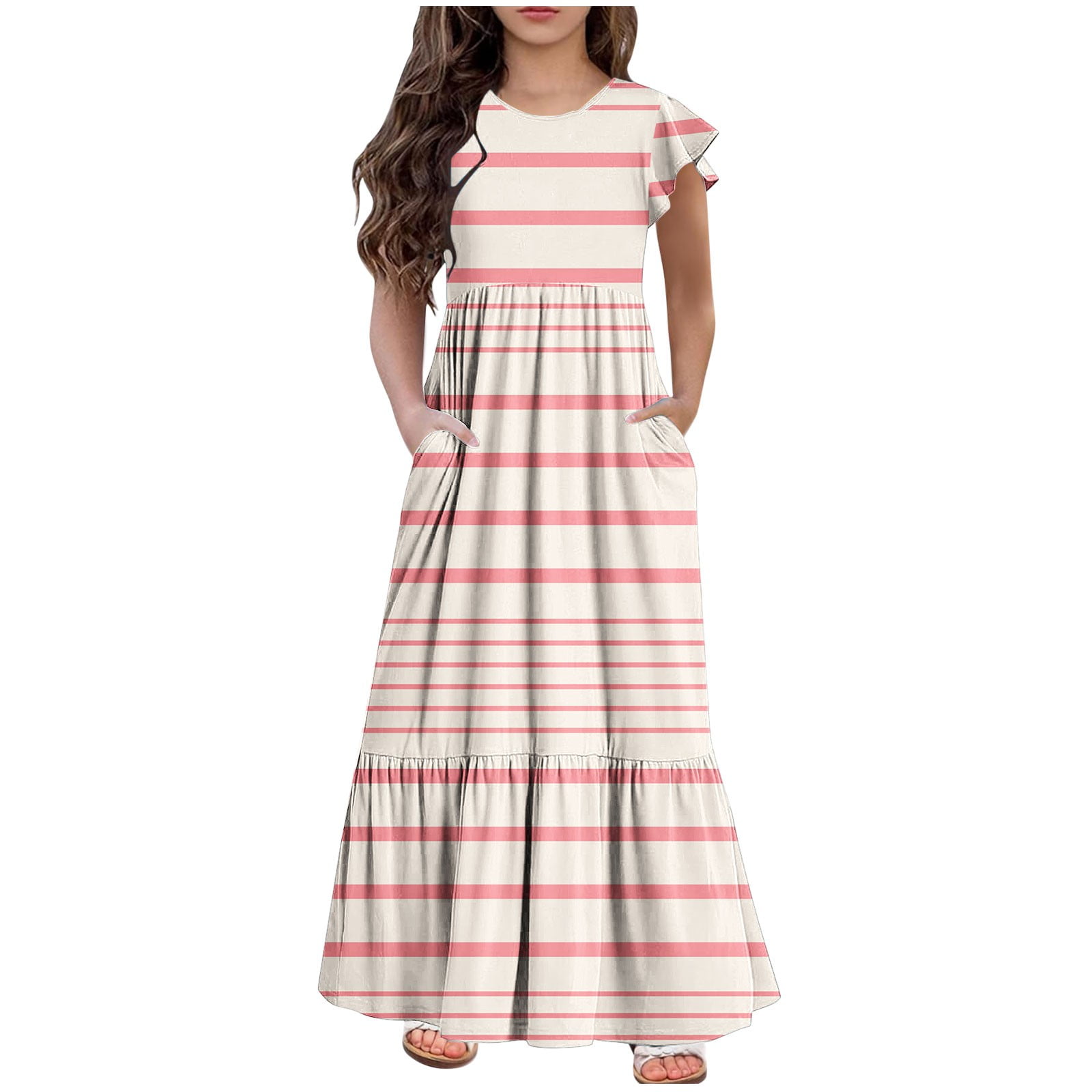 2025 Girls Dresses with Pockets 6-12 Years Kids Ruffle Short Sleeve Trendy Stripe Printed Crewneck Going Out Long Maxi Dress