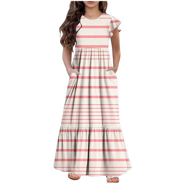 Bwiyojiz Tailles Mode 130-160 Robe d'Été pour Filles à Manches Courtes Imprimée à Col Rond, Beige