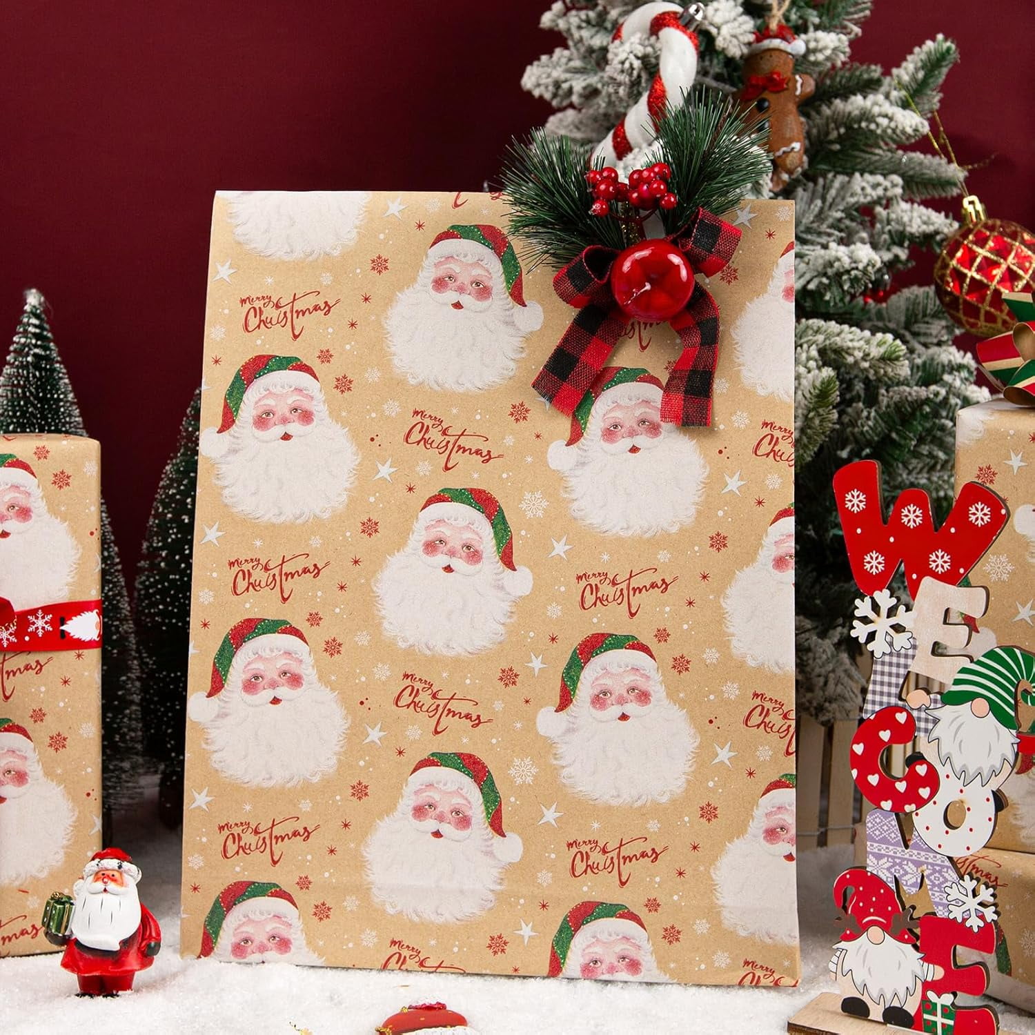 Christmas Wrapping Paper, Brown Kraft Santa Claus Design Gift Wrapping Paper Suitable for Christmas, Mini Roll (17 Inch X 32.8 Feet)