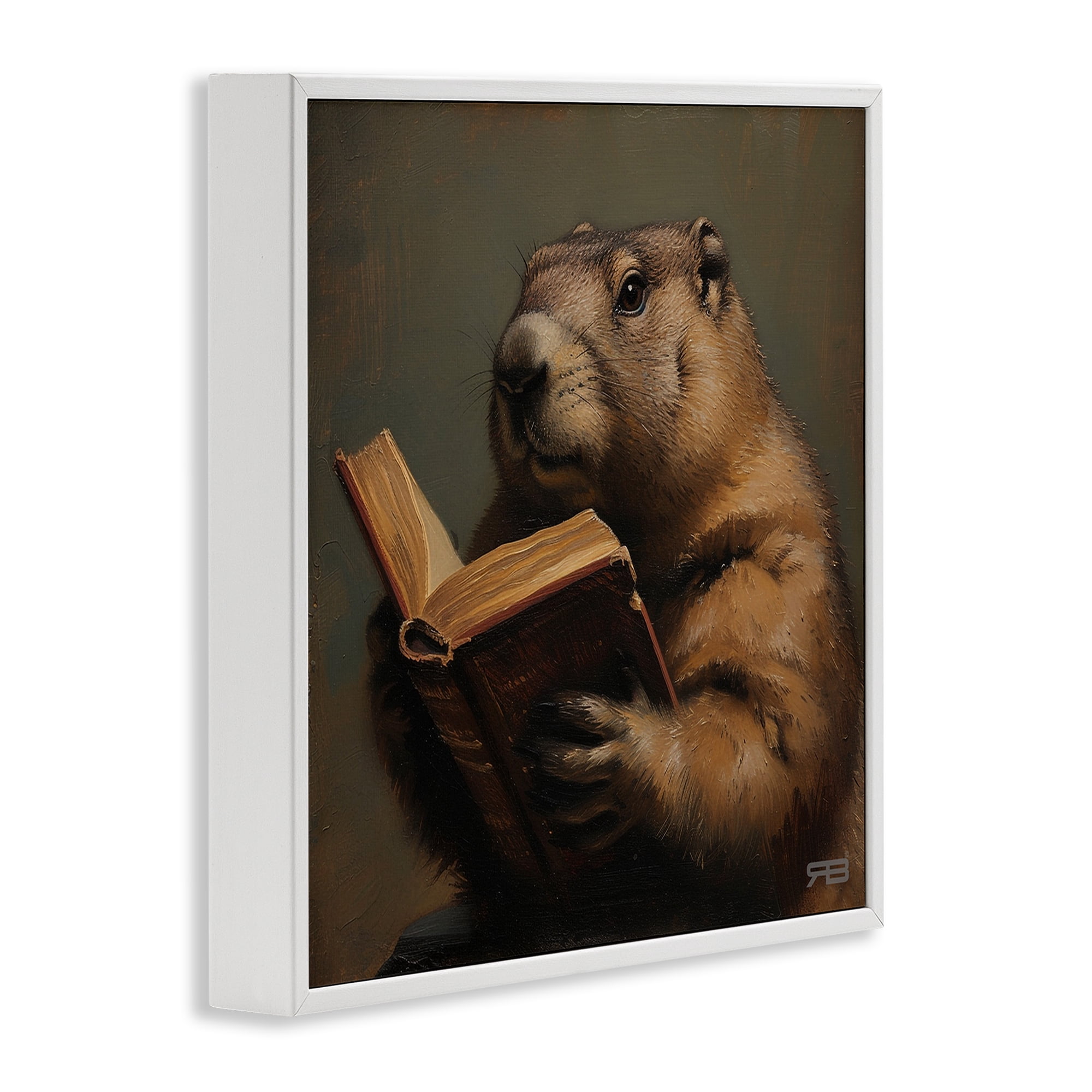Stupell Industries Groundhog Reading Book Animals & Insects Painting White Framed Art Print Wall Art, 24 x 24