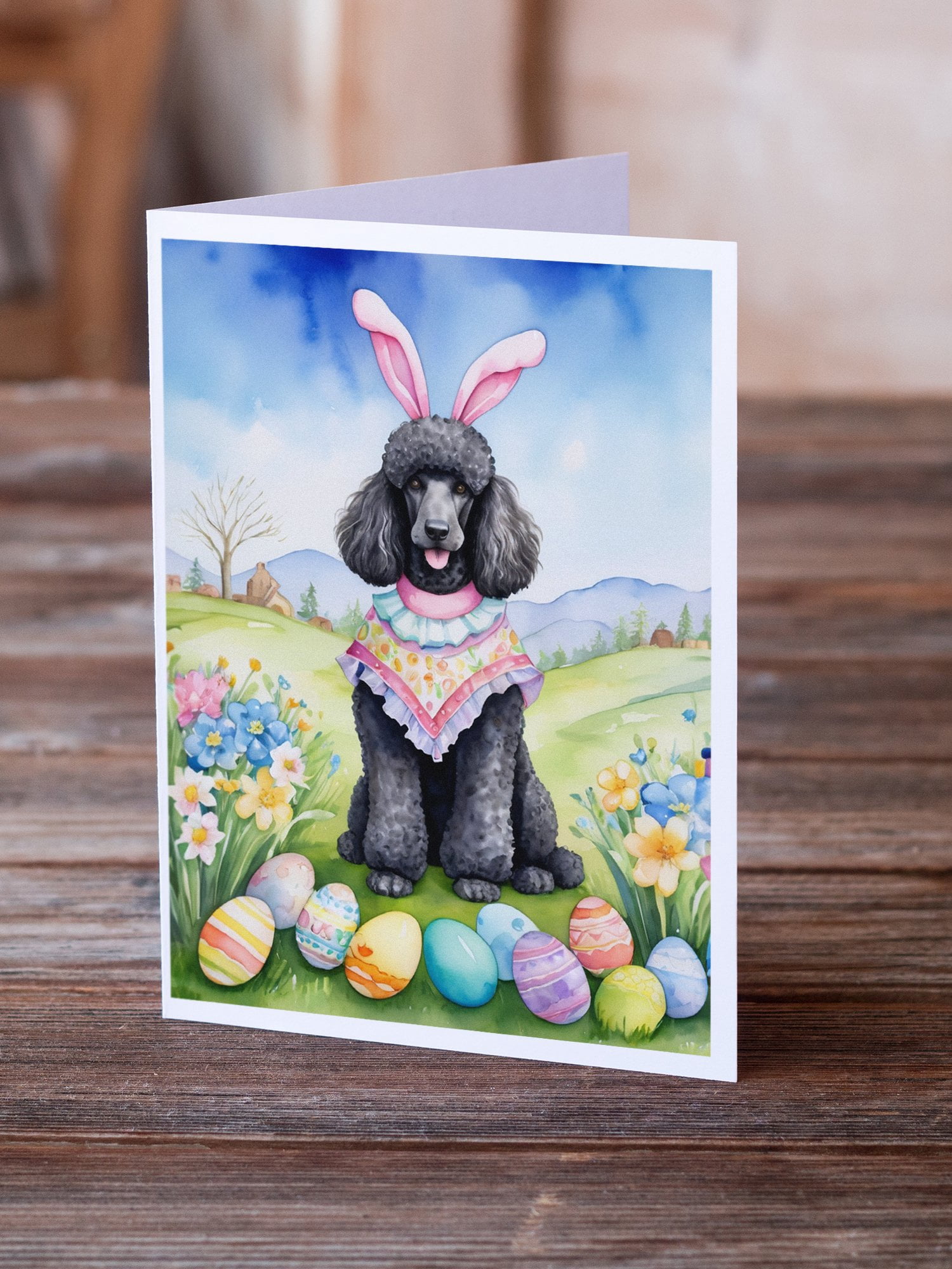 Black Poodle Easter Egg Hunt Greeting Cards Pack of 8 7 in x 5 in