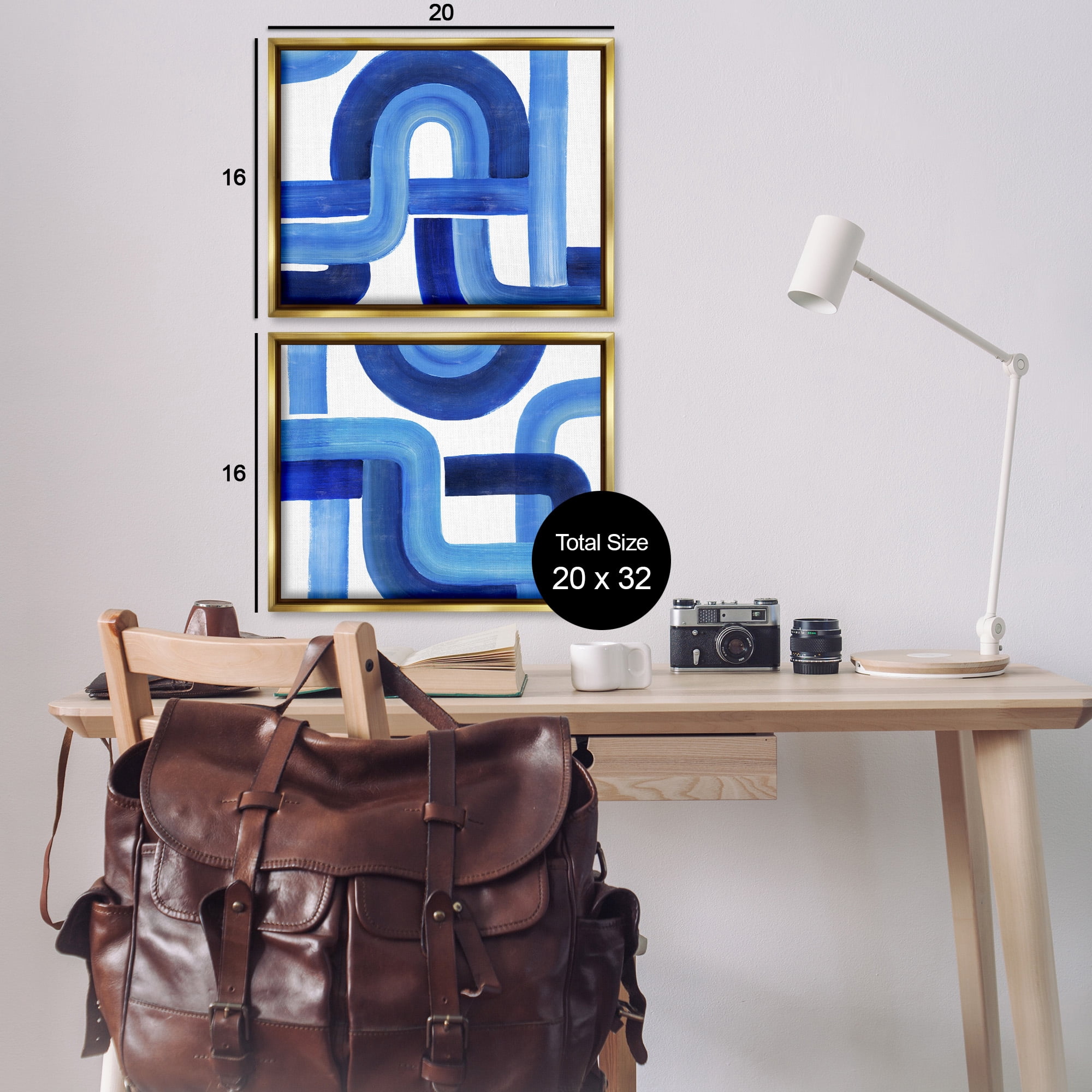 Stupell Industries Woven Blue Geometric Lines Abstract Painting Gold Floater Framed Canvas Art Print Wall Art, 21 x 17, Set of 2
