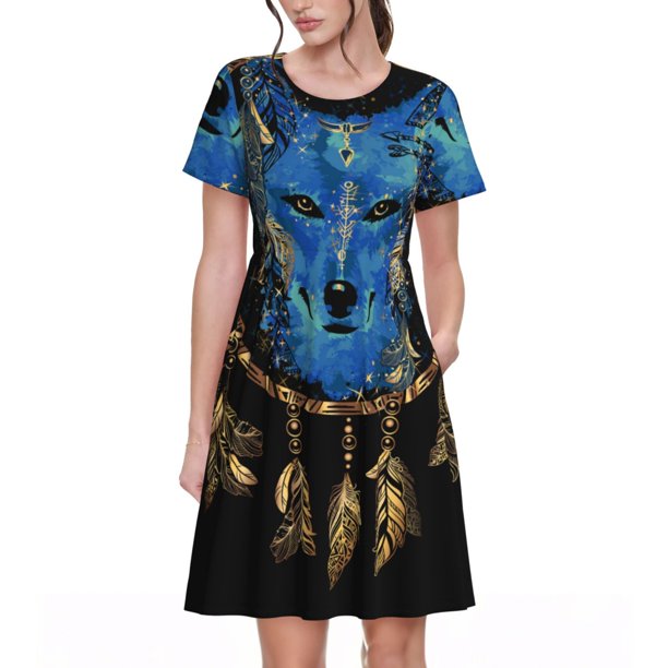 Balery Wolf Head And Dreamcatcher Vestidos sueltos de manga corta para mujer, vestidos de verano 2025, vestidos casuales de corte A con vuelo.