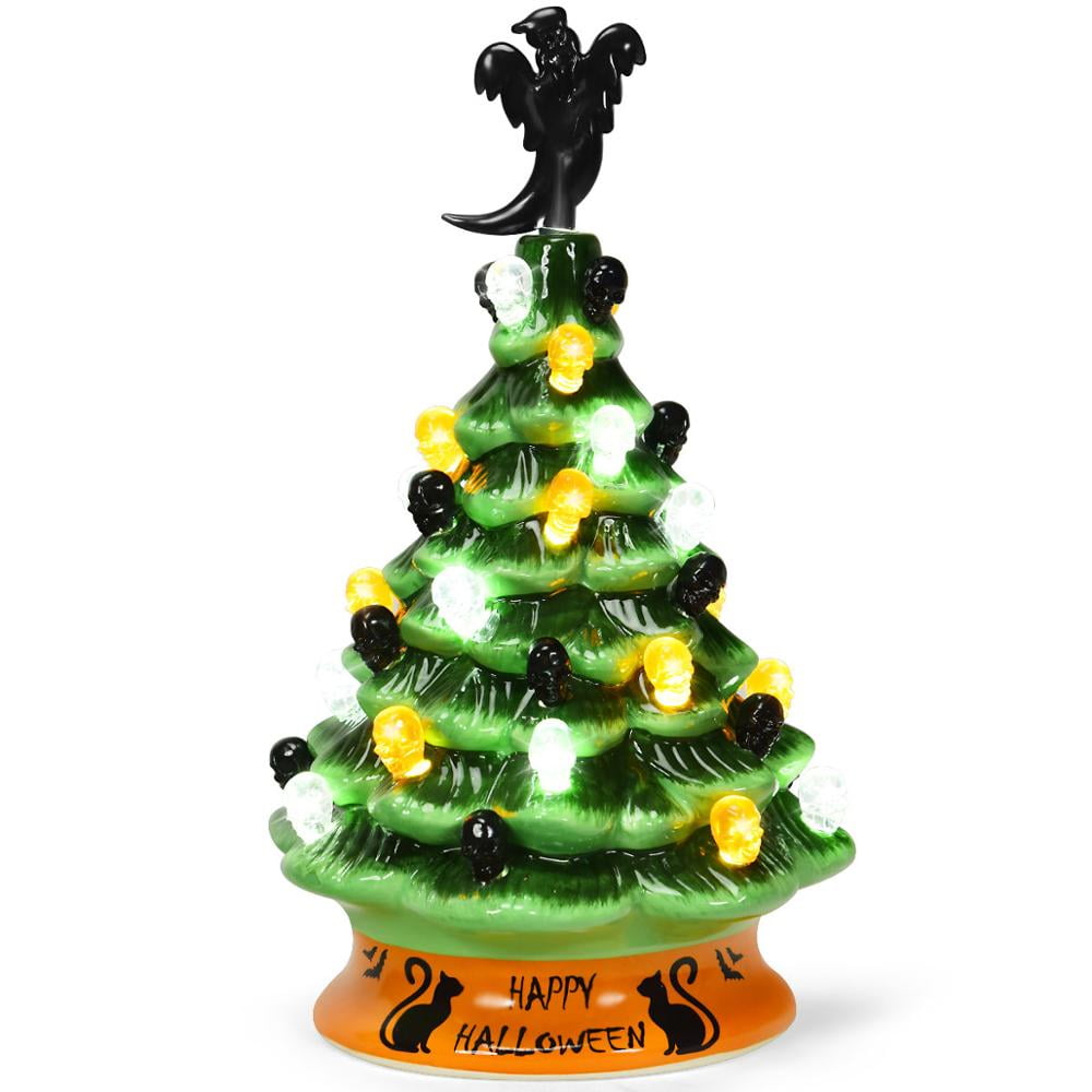 Green 11.5" PreLit Ceramic HandPainted Tabletop Halloween Tree