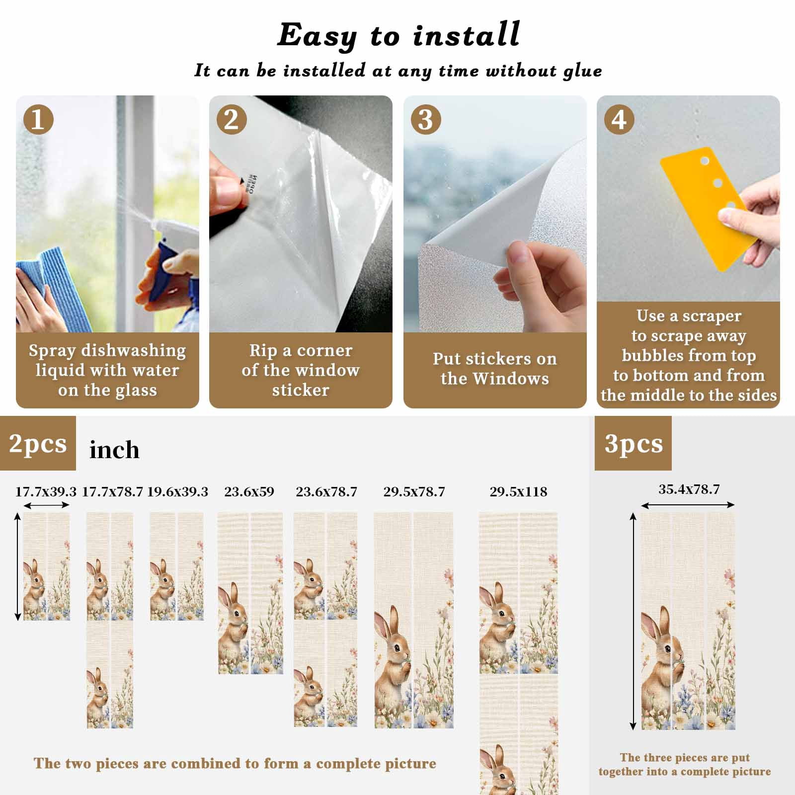 Easter Rabbit Window Privacy Film, Yellow Bunny Spring Colorful Floral Leaf Linen Texture Frosted Glass Window Clings Static Cling Heat Blocking Reusable Door Sticker for Bedroom 35.4x78.7 Inch