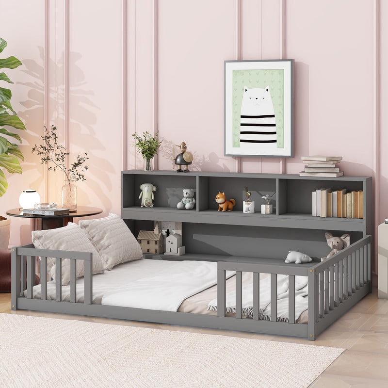 Mirightone Full Size Floor Bed with Rails, Wood Montessori Floor Bed with Bookcase and Shelves, Full Bed Frame, Gray