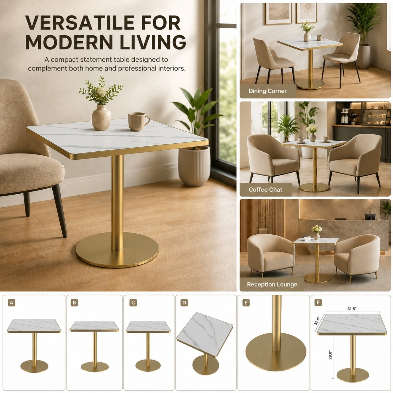 Miniyam 31.5 in Square Dining Table, Glossy Marble-Look Small Kitchen Table with Titanium Gold Feet, White Gray Vein