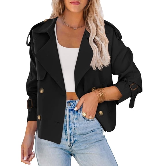 Women Crop Top Double Breasted Trench Coat with Shoulder Sleeves and Cut Jacket with Pockets