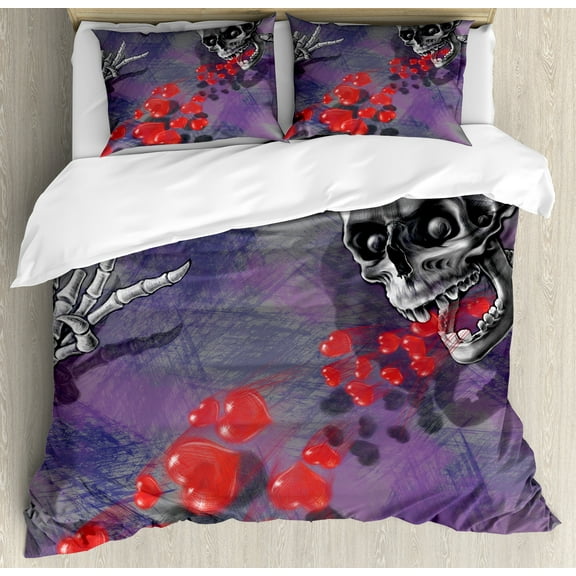 Skull Duvet Cover Set, Skeleton in Love Throw Out Puke of Hearts Deadly Romantic Gesture Art, Decorative 3 Piece Bedding Set with 2 Pillow Shams, Queen Size, Grey Red and Purple, by Ambesonne