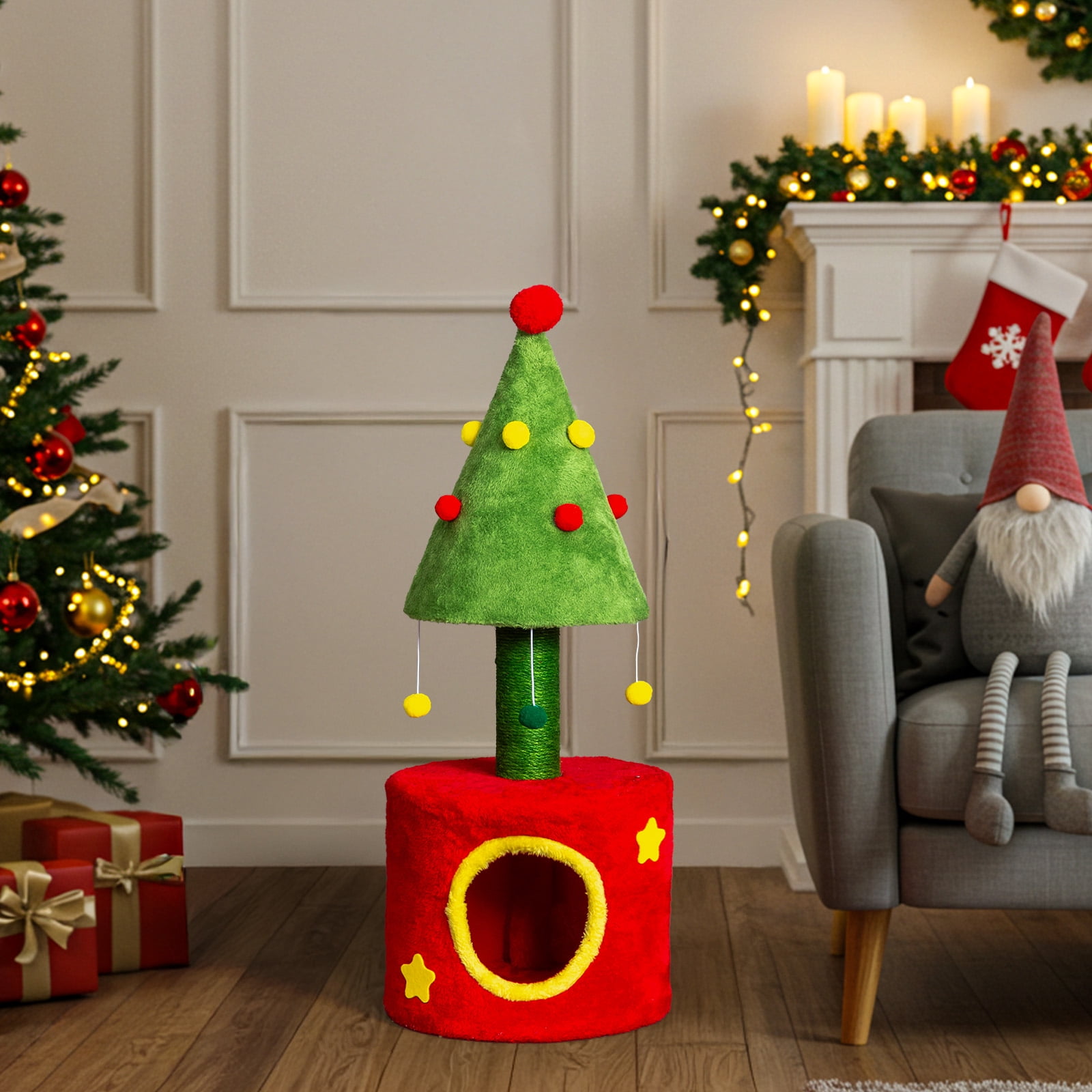 Ktaxon 30'' Christmas Cat Scratching Post with House, Sisal Tower & Hanging Balls for Indoor Kittens, Red & Green