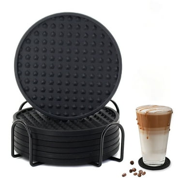 Drink Coasters Set of 6 with Holder, Non-Slip, Black