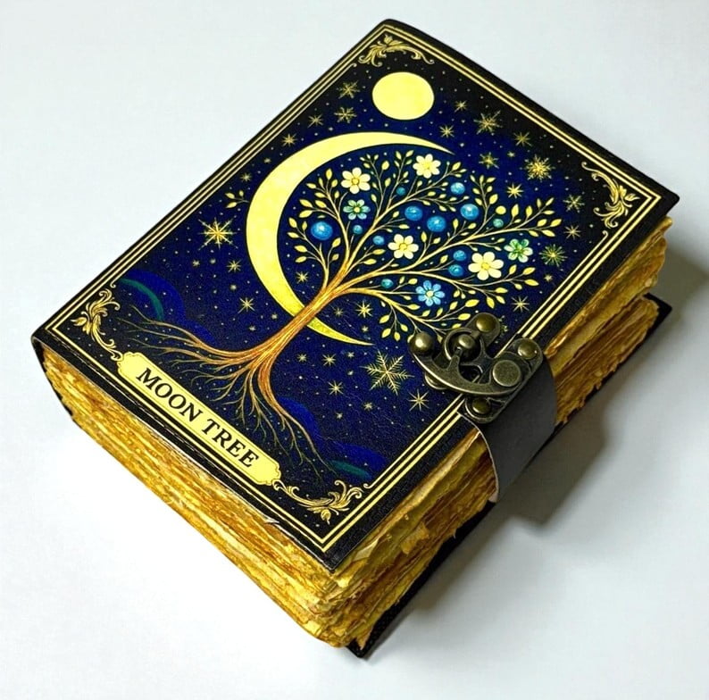 Personalized Moon Tree Leather Journal – Handmade Grimoire, 200 Pages Witchcraft Spell Book of Shadows,