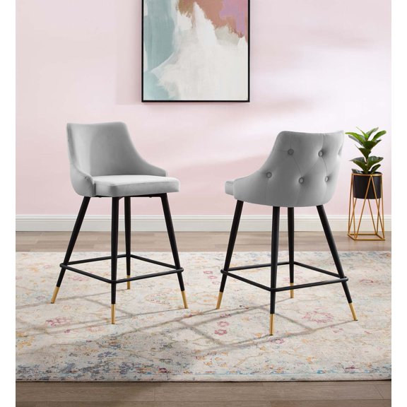 Modway Adorn Performance Velvet Counter Stool Set of 2 in Light Gray