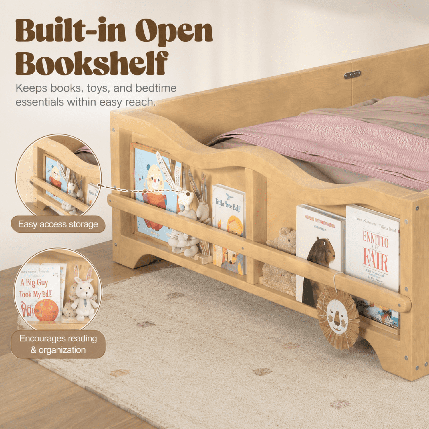 Miniyam Kids Twin Montessori Floor Bed with Guardrails and Built-In Bookshelf, Bowknot Headboard, Natual