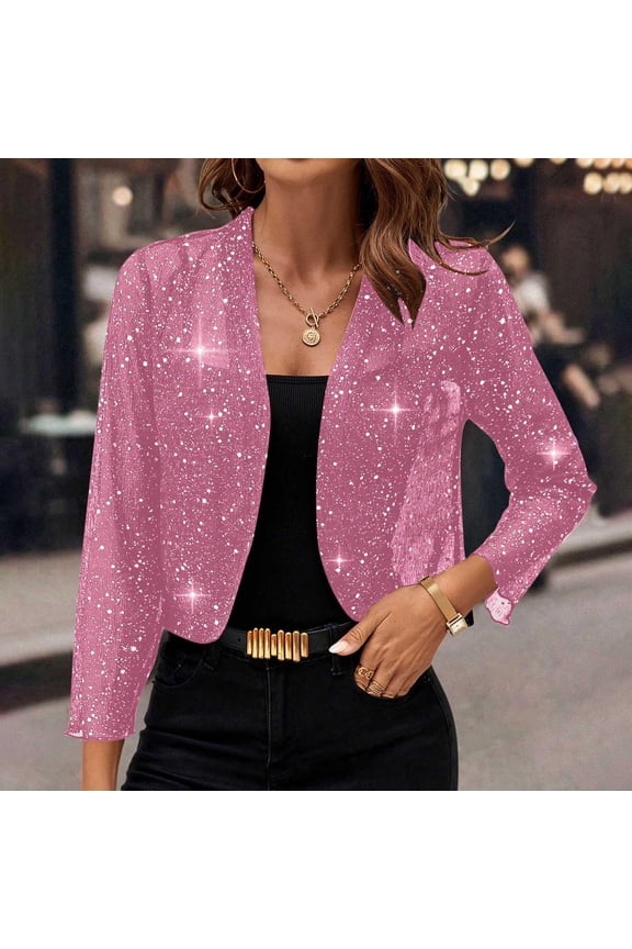 Women's Sequin Sparkly Cropped Cardigan Dressy Casual Shrugs for Evening Dresses Long Sleeve Open Front Shiny Jacket Pink 2XL