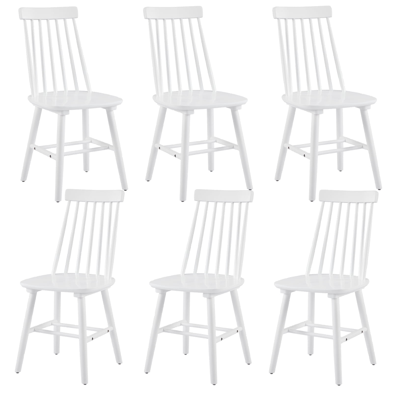 Farmhouse Windsor Dining Chairs Set of 6, Solid Wood Spindle Back Kitchen Chairs for Dining Room, White