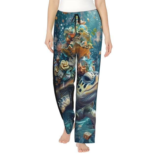 Balery Colorful Plant Turtle Pantalones de pijama para mujer, pijamas ultraligeros, pantalones de estar por casa-Large