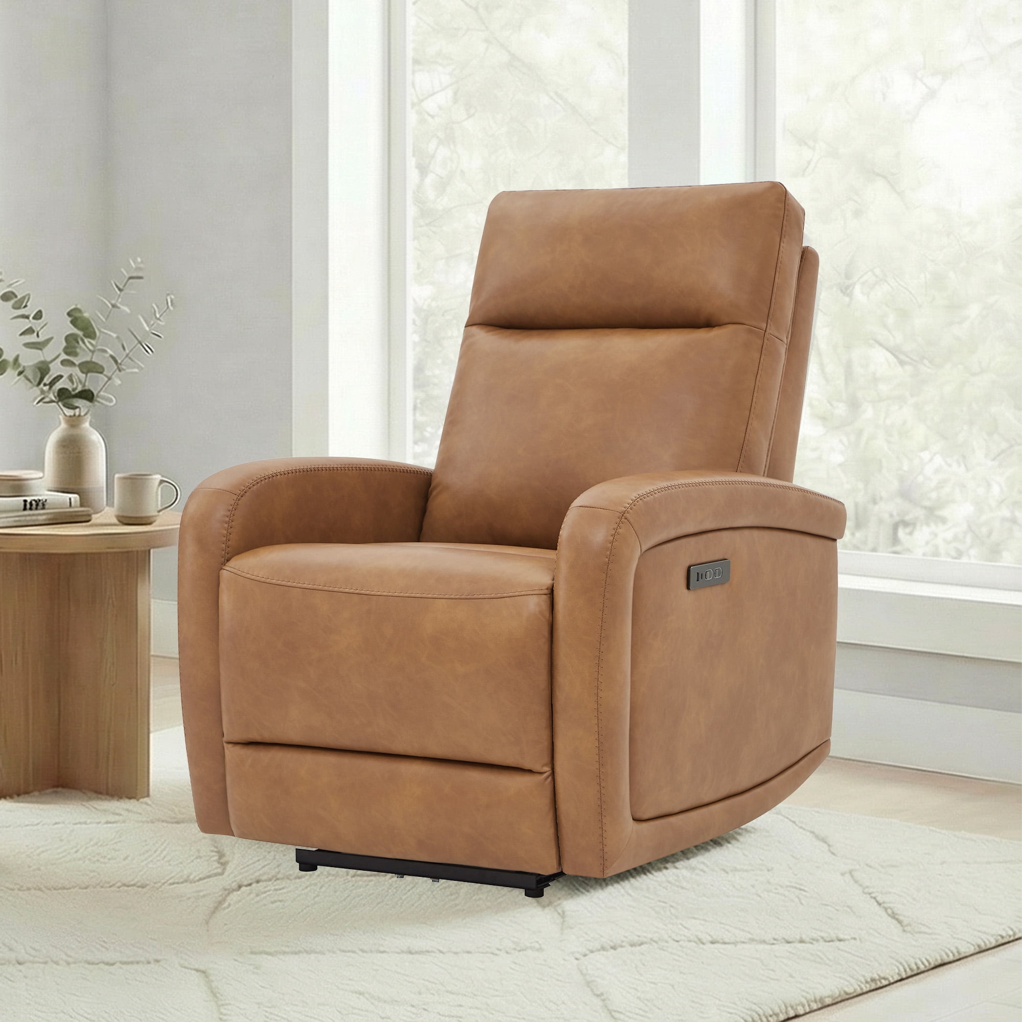 Spruce & Spring Zero Wall Hugger Power Recliner for Compact Spaces, Cognac-Faux Leather