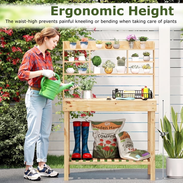 Costway Potting Bench Table Wooden Garden Work Bench Platform with Display  Rack Hidden Sink