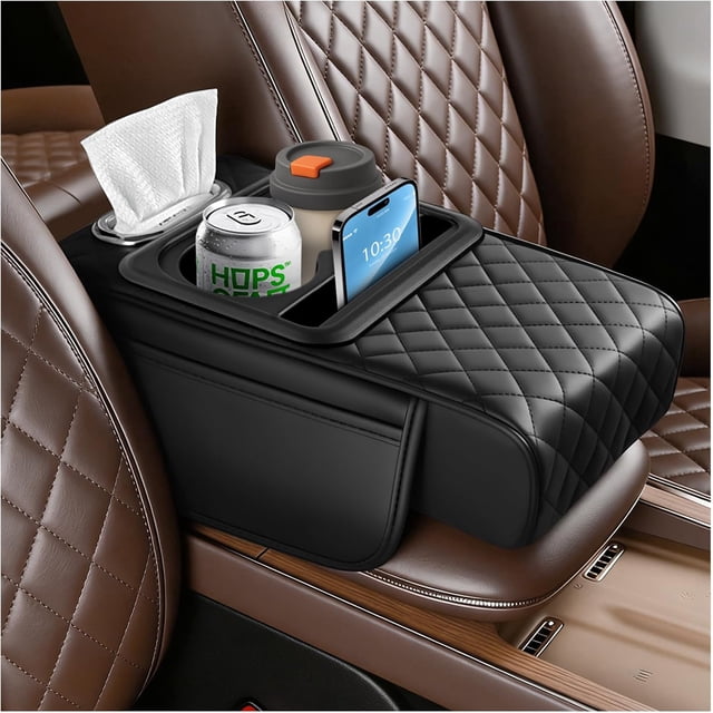 2026 New 5 in1 Car Armrest Storage Box,Multifunctional Leather Box Pad with Cup Holder & Phone Bag,Comfortable Center Console Cover for Elbow Support -