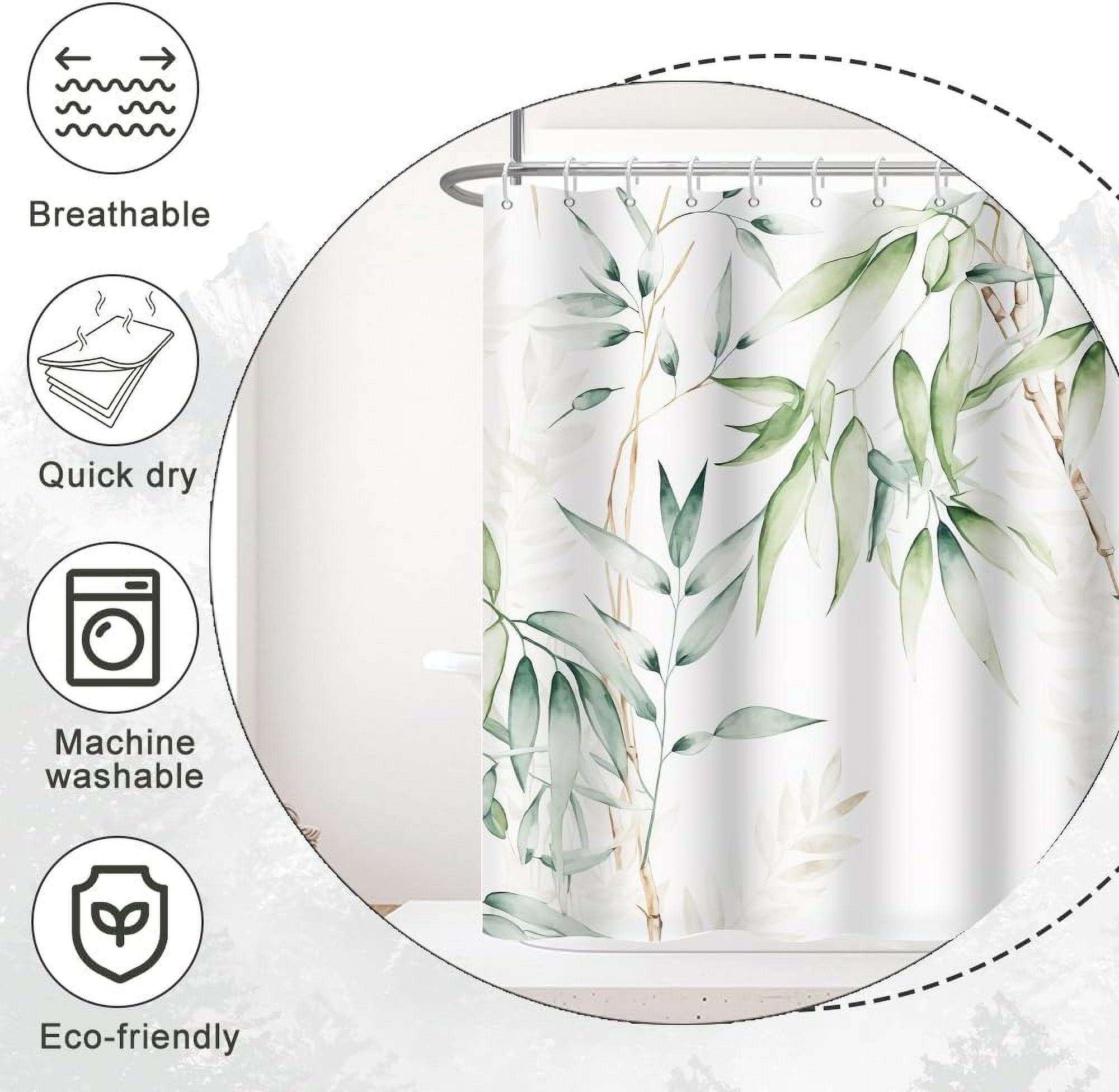 Green Bamboo Shower Curtain, Watercolor Green Leaves Shower Curtain for Bathroom Waterproof Fabric Spring Botanical Shower Curtain Set with Hooks, 72x84 Inch