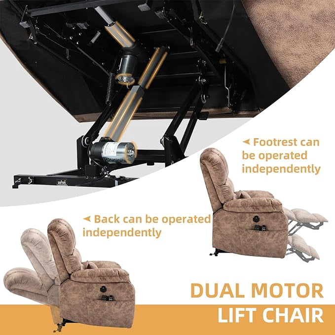Tall Man Oversized Dual Motor Power Lift Recliner w/Heat Massage, Large Lay Flat Sleeper Electric Recliner with Extended Footrest for Elderly, Lumbar Pillow, USB & Type-C Ports, Plush-Brown