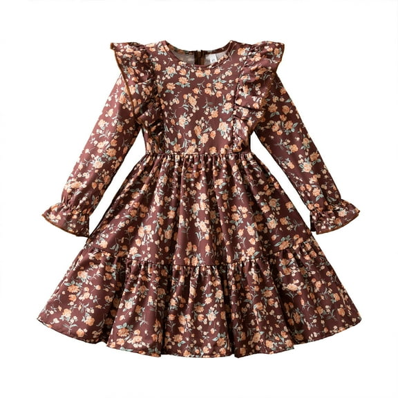 FAOWME Big Girls Dresses Long Sleeve Round Neck Floral Print Elegant Fashion Dress For Autumn Winter Holiday Party Brown 5-6 Years