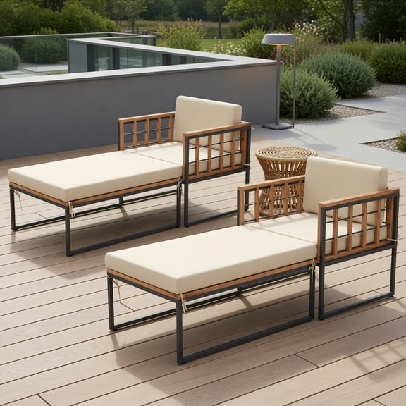 Topcobe Patio Acacia Wood Armchair with Long Ottoman and Seat Back Cushions, Outdoor Patio Lounge Chairs