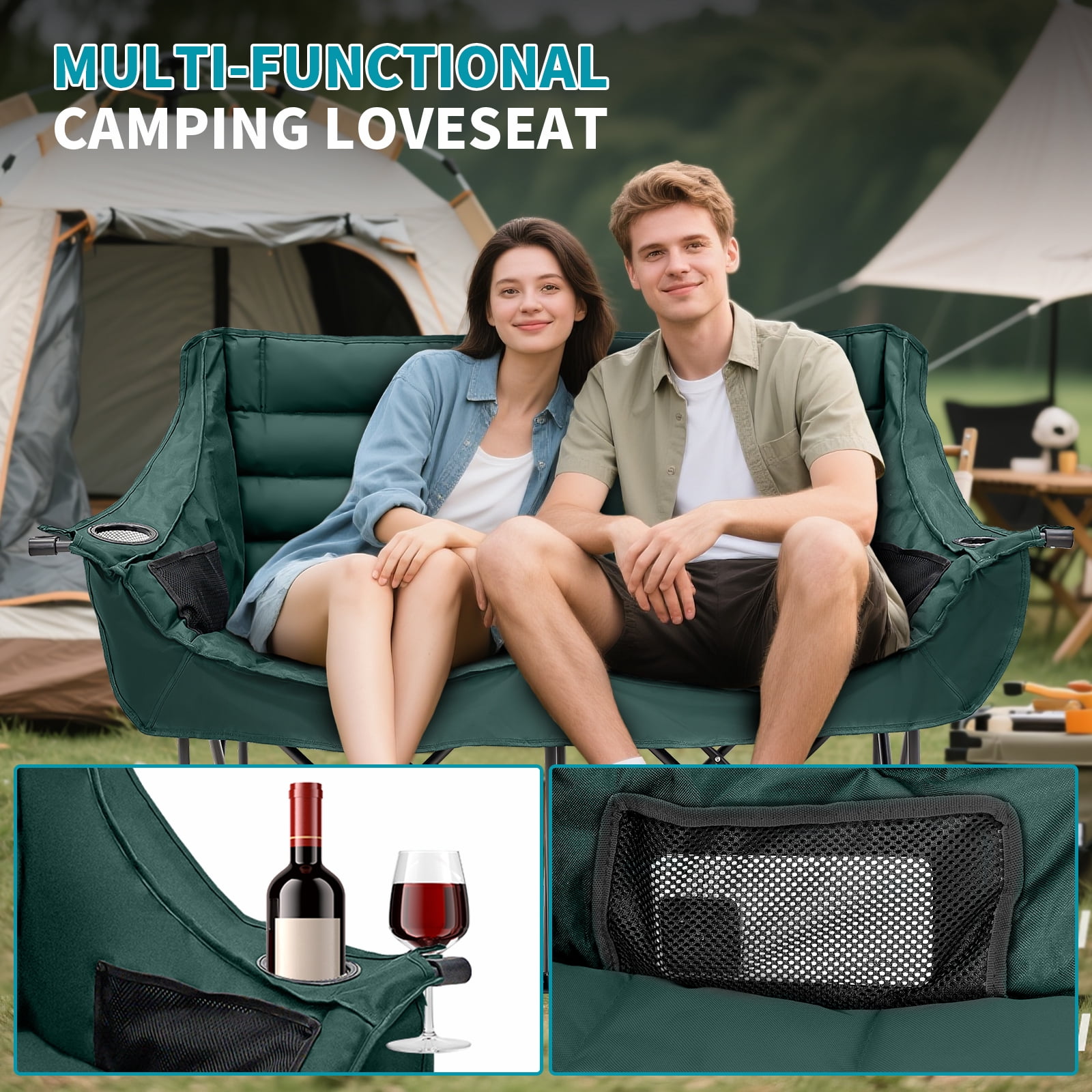 Slsy XXXL Oversized 2 Person Fully Padded Camping Chair, Folding Loveseat Camping Couch Double Camping Chairs Heavy Duty Portable Lawn Chair Patio Chair, Supports 990 LBS