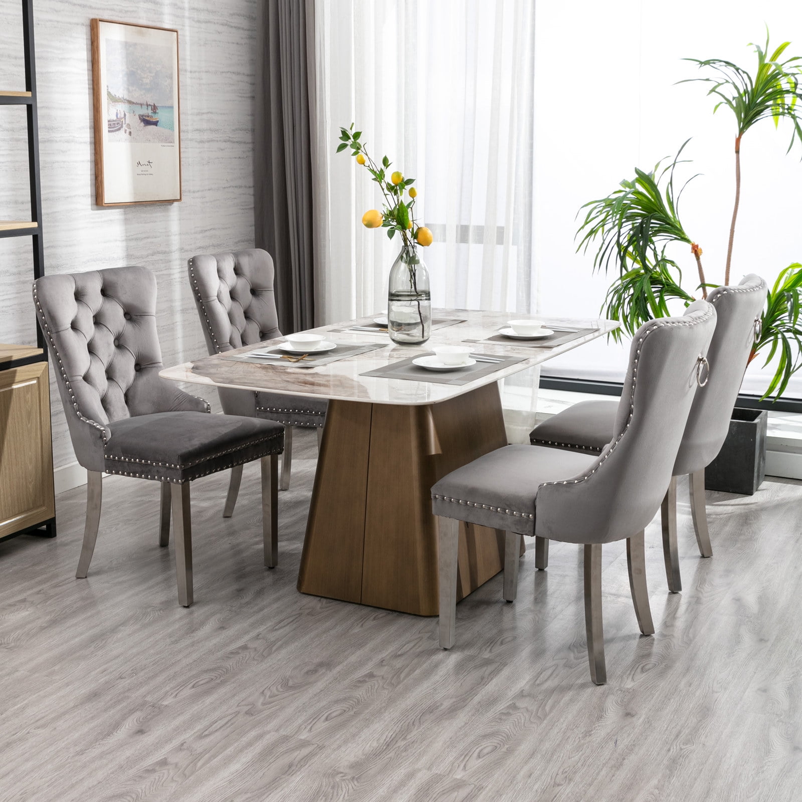Gewnee Set of 2 Modern Velvet Tufted Upholstered High End Dining Chairs with Metal Legs & Nailhead Trim for Dining Room Kitchen,Gray