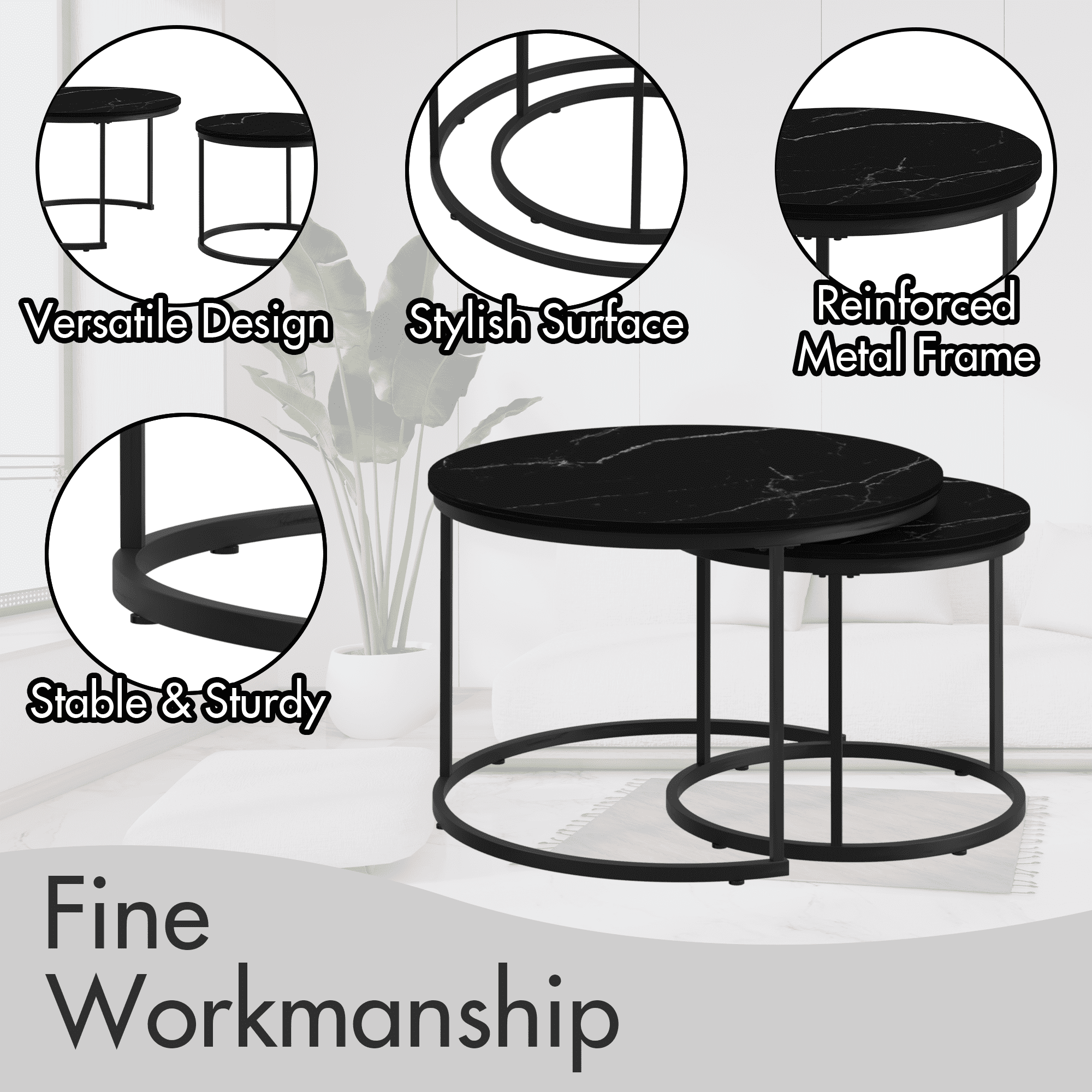 27.6" Nesting Coffee Table Set of 2, Round Coffee Table Wood Marble Pattern Top with Sturdy Metal Frame, End Table Side Tables for Living Room Bedroom Balcony Yard (Black)