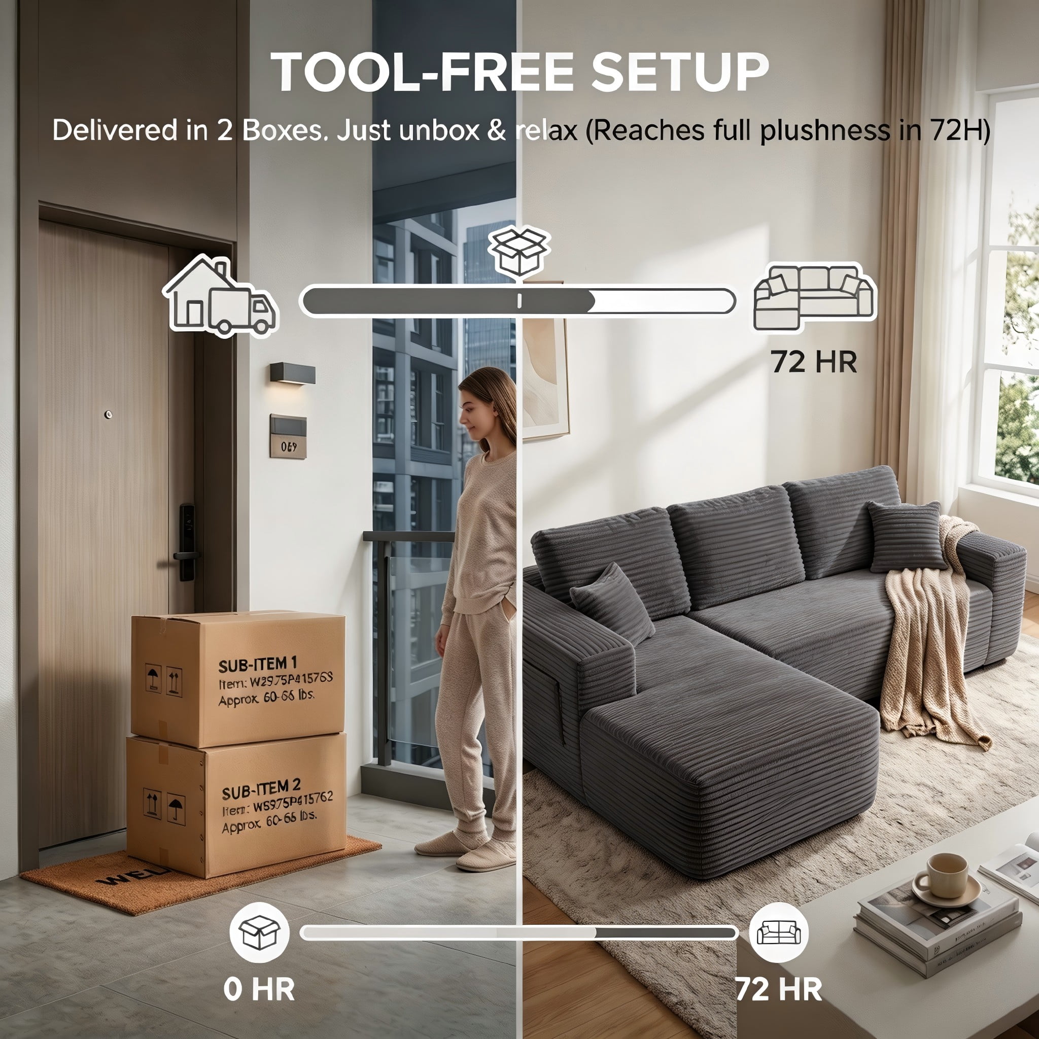104" Cloud Sectional Sofa with Chaise, L-Shaped Corduroy Couch for Living Room, Zero Assembly, Memory Foam & Pocket Spring, Arrives in 2 Boxes, Left Facing (Grey)