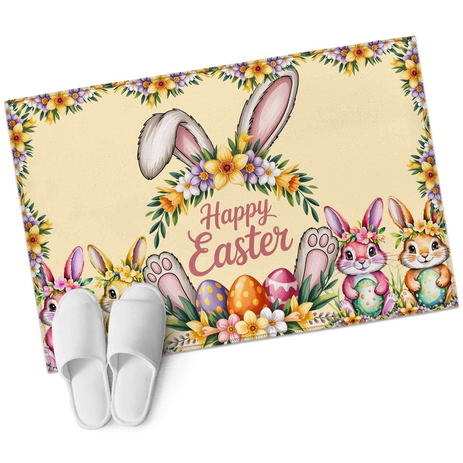 Rectangle Area Rug 2x3ft Cartoon Bunny Easter Egg Yellow Non-Slip Non-Shedding Floor Mat Cute Rabbit Ears Garland Washable Sturdy Carpet for Living Room Bedroom Home Decor