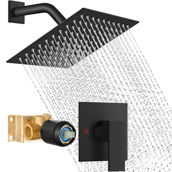 Cinwiny Bathroom Shower Faucet Set Wall Mount Shower Head and Handle Set Single Function Rain Shower System Single Handle Shower Trim Kit with Valve,Matte Black,8 Inch Shower Head