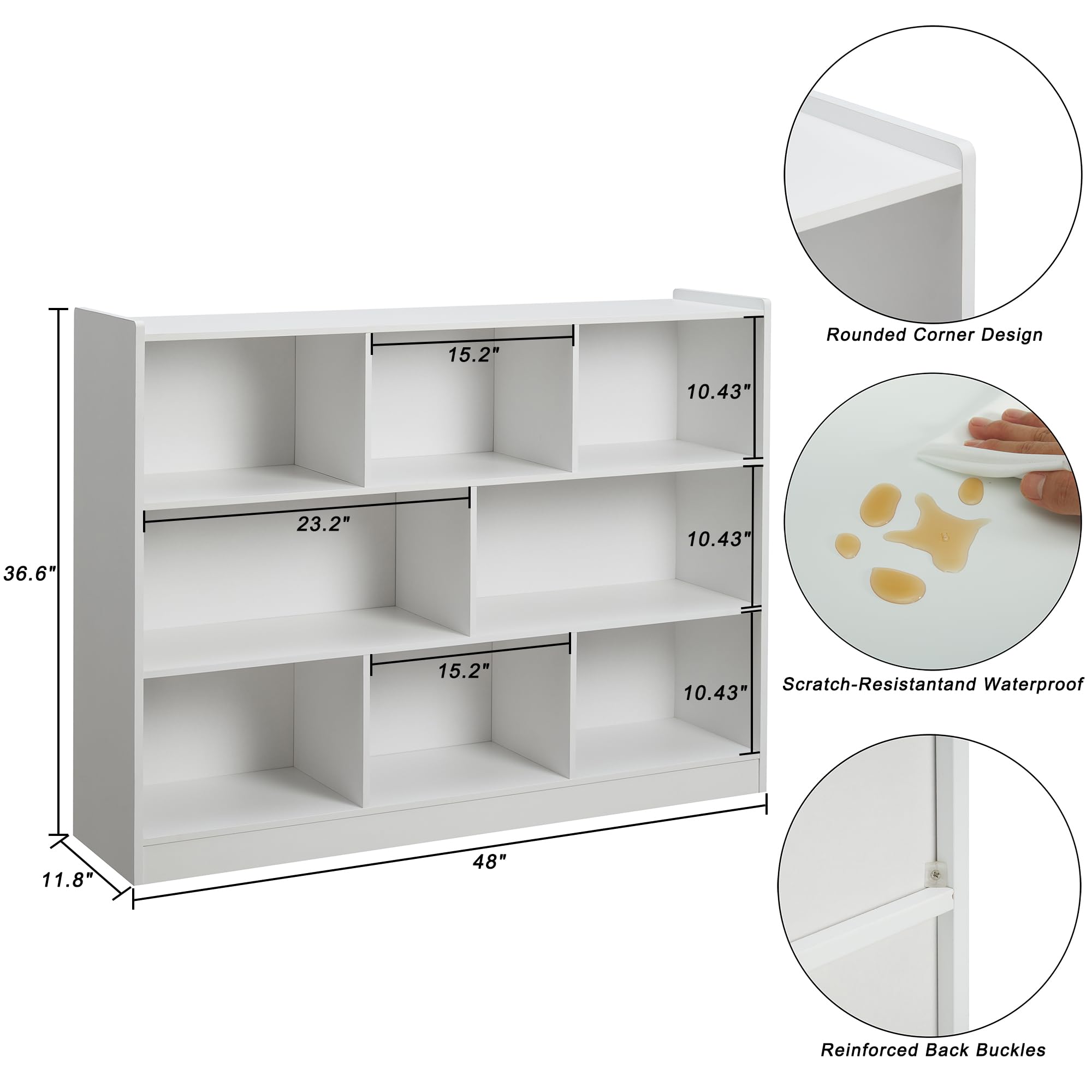 3-Tier Bookshelf, 8-Section Wooden Bookcase, Storage Organizer with Anti-Tilt Device, Modern Storage Display Cabinet for Living Room, Classroom, Kid’s Room (White)