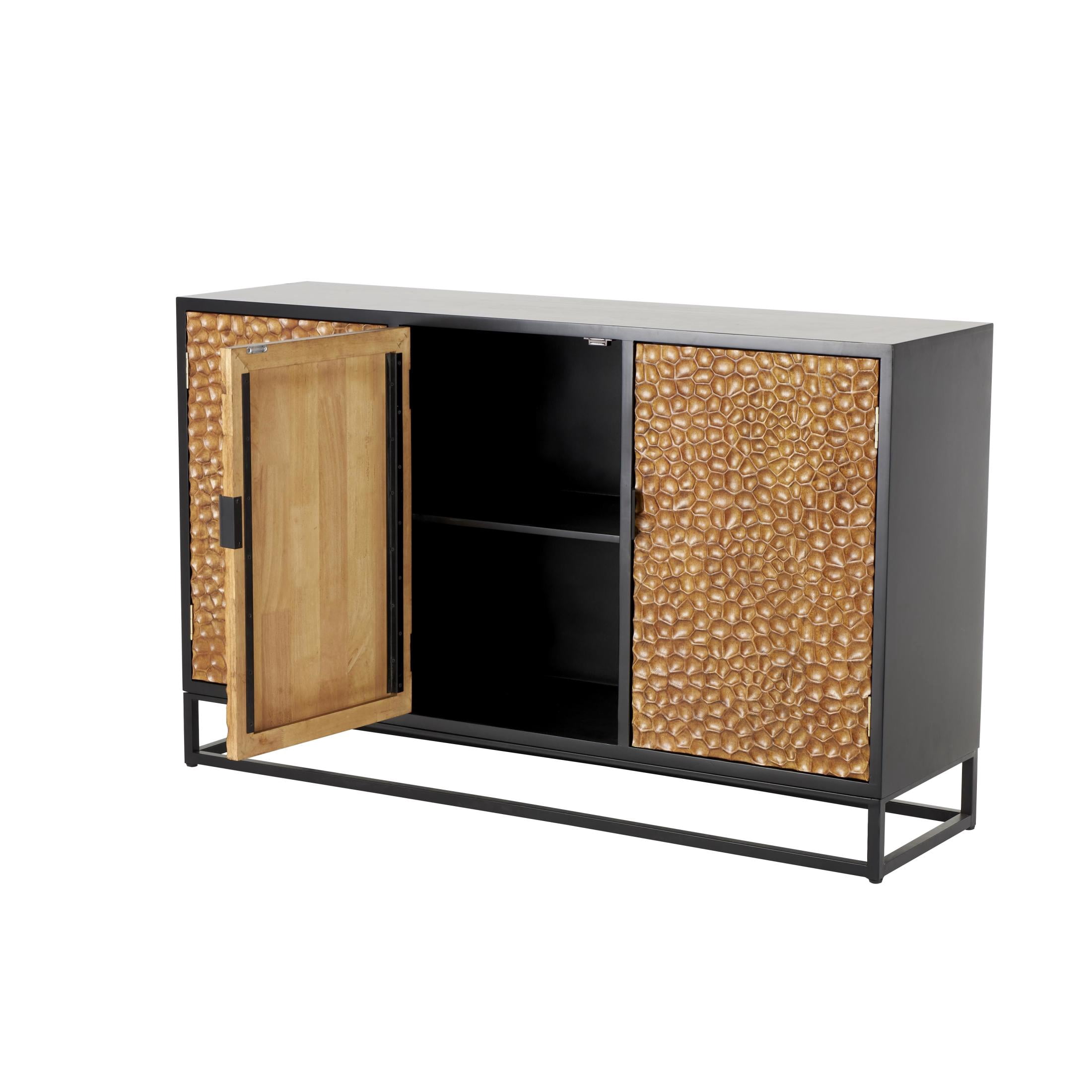 DecMode 52" x 32" Brown Wooden Handmade Carved Pebbled 3 Door Sideboard with Black Metal Frame, 1-Piece
