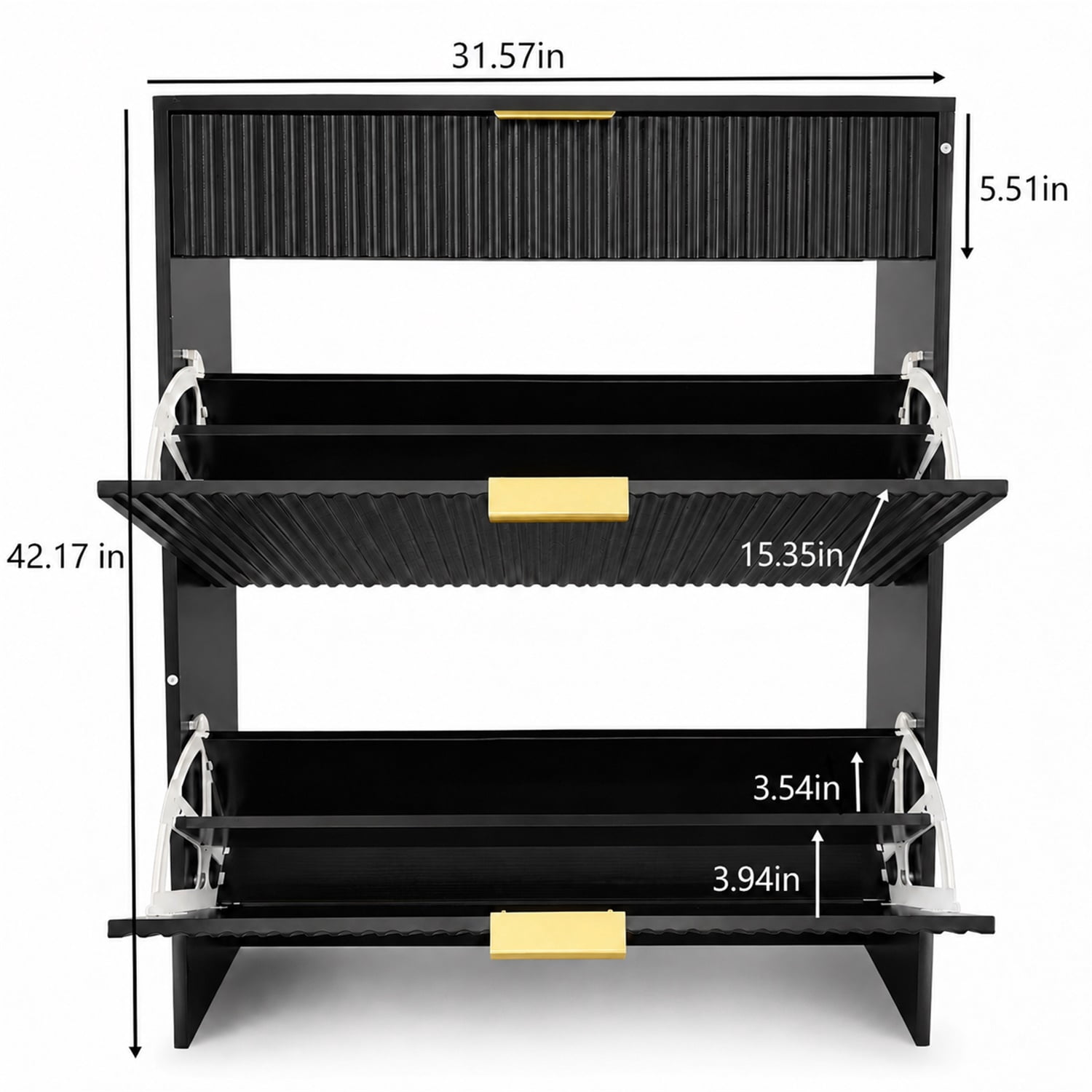 Hommoo Modern Narrow Fluted Shoe Storage Cabinet with Gold Pull Handles, Freestanding Slim Shoe Organizer for Entryway, Hallway or Bedroom Closet, Black