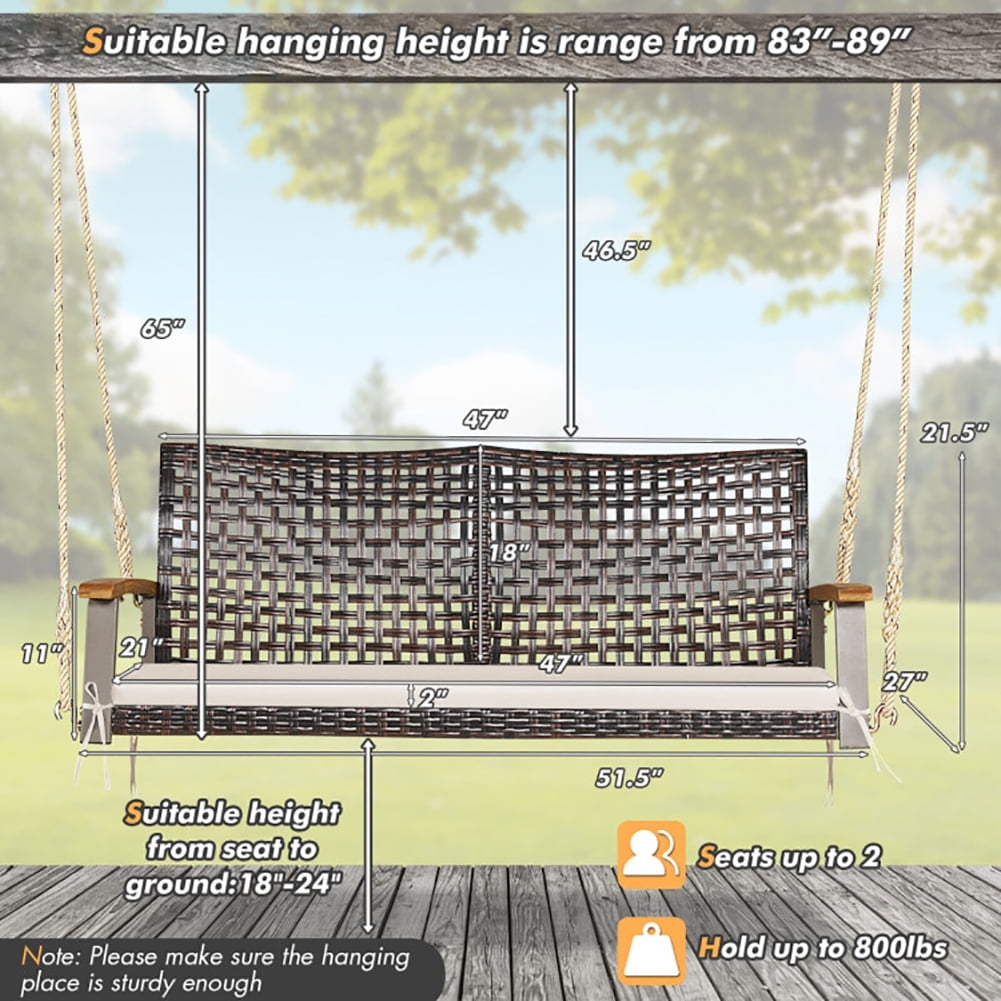 Aimee Lii 2-Person Rattan Hanging Porch Swing Chair, Swing Chair Outdoor, Off White Aimee Lii 2-Person Rattan Hanging Porch Swing Chair, Swing Chair Outdoor, Off White